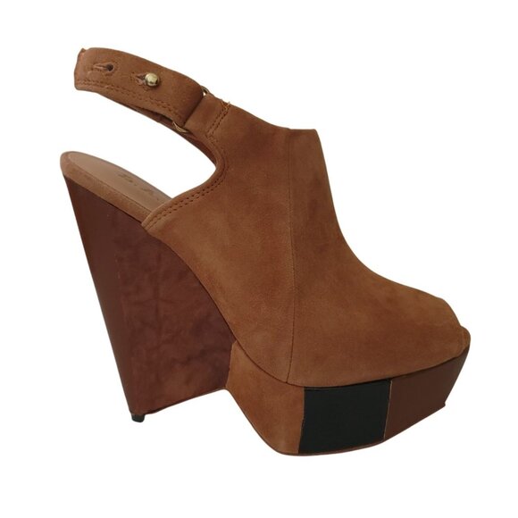 L.A.M.B. Womens Tan Suede Slingback Peep Toe Platform Wedge Heels Size 6.5M - Picture 2 of 13